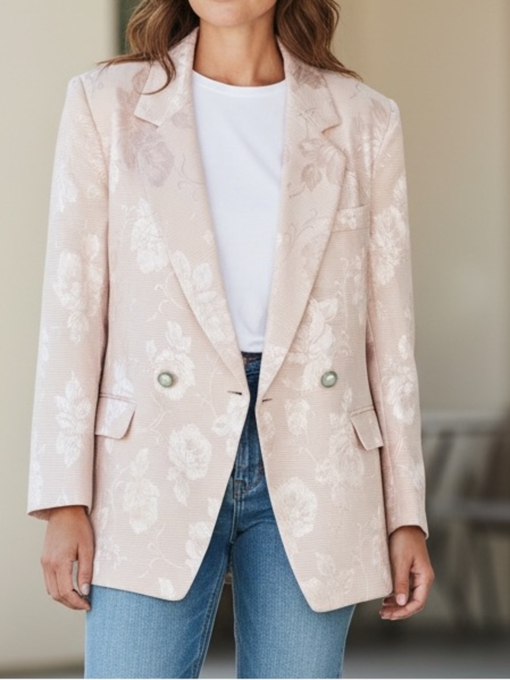Vintage Light Pink Floral Printed Blazer Shoulder Pads with Pockets Sz M - Picture 1 of 17